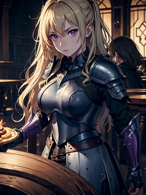 ((DARK FANTASY COLORING, DARK COLOR PALETTE, SORROW LIGHTING, 8K DETAIL QUALITY))
((masterpiece, best quality)), (1girl, anime girl in the tavern, table, feast),(mature), (solo), (female focus, purple eyes girl, disgusted face), (blonde hair, wavy hair, lo...