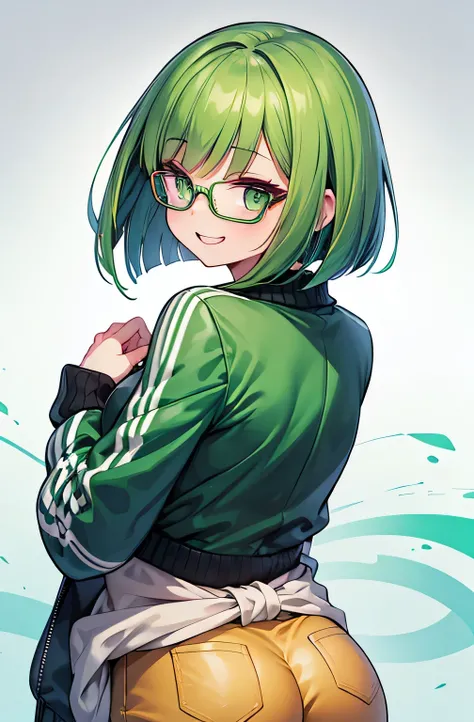  HD　 Masterpiece　 beautiful girl　 green hair　 bob cut　digital design 　green and white digital shirt　Glasses　 hotpants　 wearing a jacket around their waist　 shy laugh　digital background 　 looking back 