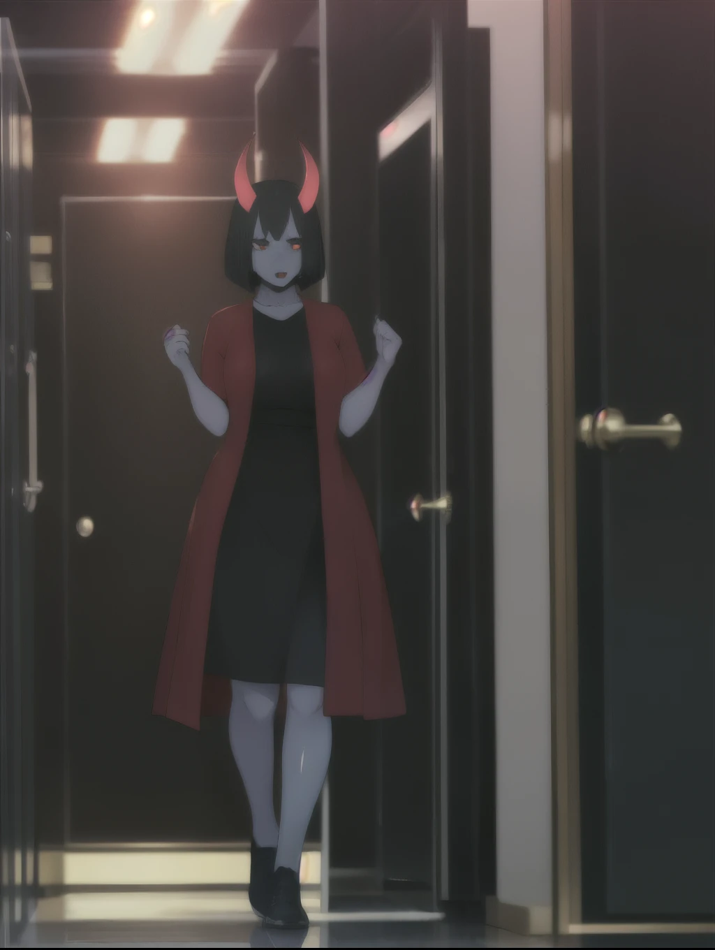 score_9, score_8_up,score_7_up, score_6_up, score_5_up, score_4_up, demon woman standing in dark hallway, blue skin, horns, black sclera, bob cut, large curved horn
