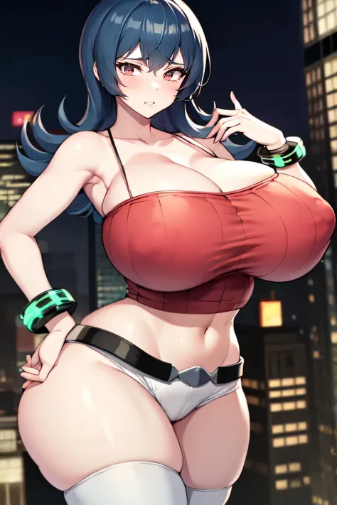 masterpiece, best quality, hgsssabrina, medium hair, bare shoulders, cleavage, pink camisole, midriff, belt, white pants, bracelet, large breasts, cowboy shot, emotionless, city, city at night, on top of skyscraper, looking at viewer, hand to hip, thick th...