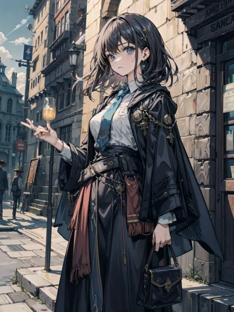 earring, narrow waist, black hair, large breasts, sweat, outdoor, cowboy shot, hogwarts teacher, ravenclaw, necktie, cloak,