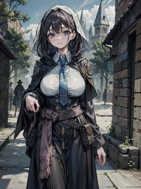 earring, narrow waist, black hair, large breasts, sweat, outdoor, cowboy shot, hogwarts teacher, ravenclaw, necktie, cloak,