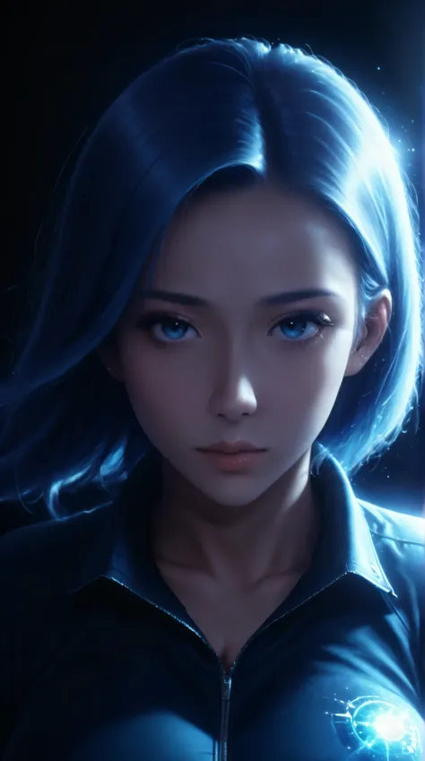 ((best quality)), ((masterpiece)), (detailed), perfect face of a japanese girl, blue hair, cleavage, sexy space outfit, huge breasts, backlit, surreal, spaceships, fantasy, sci-fi, french retro, blues, yellows, cinematic, luminous, ethereal, movie poster, ...