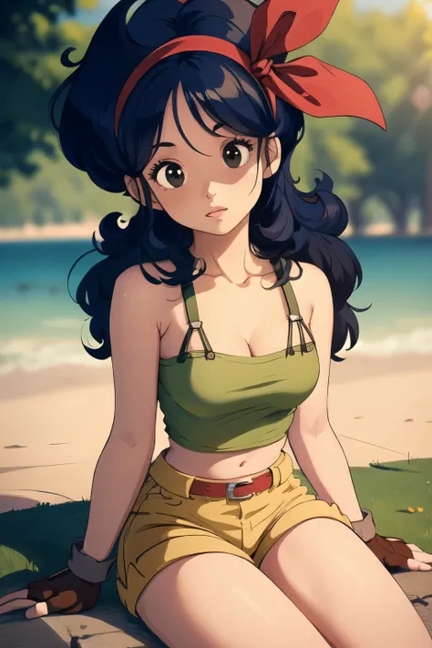 ((masterpiece, best quality)), insaneres, absurdres, solo, looking at viewer,
BlackHair_GoodLaunch_ownwaifu,
1girl, long hair, blue hair, curly hair, hair ribbon, black eyes, medium breasts, red hairband, eyelashes, bangs,
green shirt, crop top, midriff,...