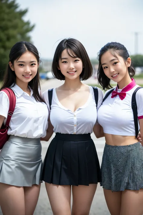 （8k、Raw  photosy、 top quality、 Masterpiece：1.2),(  black hair:1.5),(Mister..々 Cute Hairstyle 、 bob cut、 very short hair、 ponytail、 twin tails:1.4),(Six high school students、All the girls are really beautiful、 wearing a uniform:1.6)、(  Plaid Skirt: 1.2)、( c...