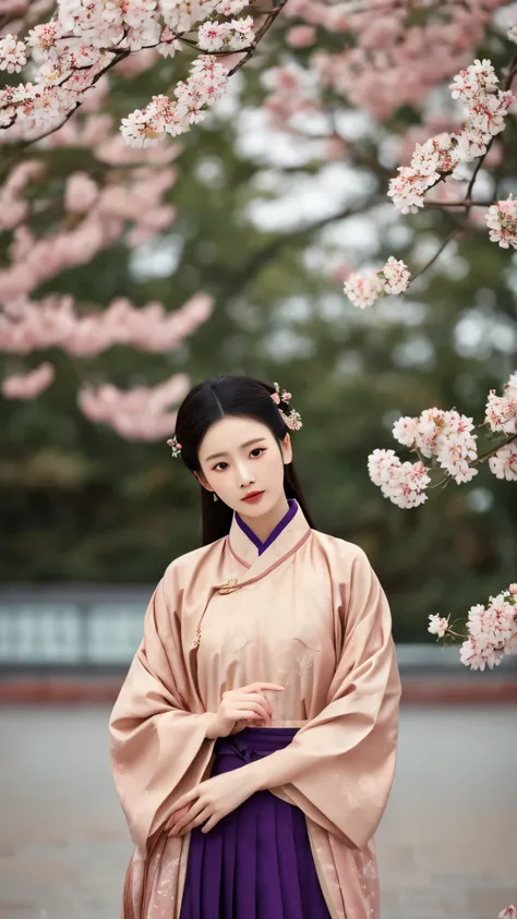 This is a highly detailed, high-quality digital illustration in a traditional East Asian style. The subject is a beautiful young Asian woman with fair skin and a slender physique. Her makeup is meticulously done with red lips and subtle eye shadow. She wea...