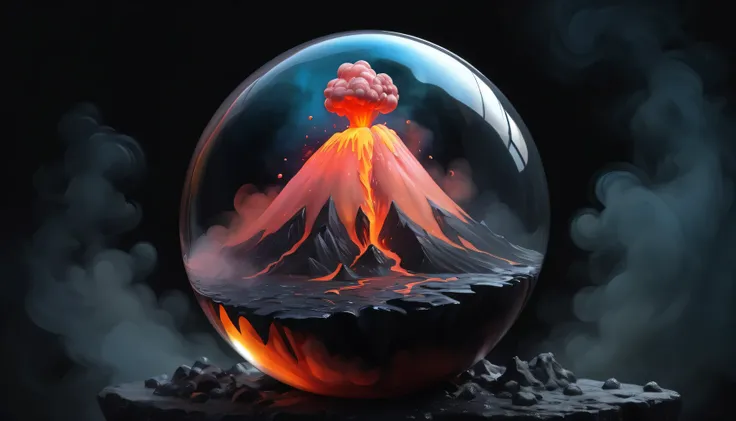 Digital oil painting style, A bubble containing a miniature volcano,  cool tones, summary,  black background, ( SimplePositiveXLv2 :1),