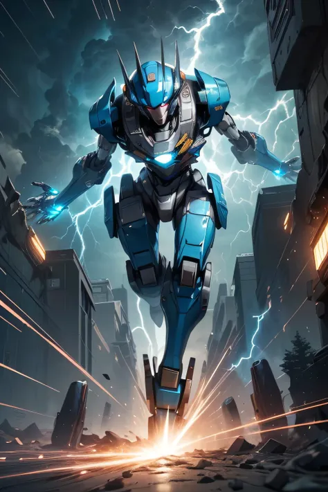 (metal skyblue body robot: 1.5),  unreal engine , ( top quality,  Masterpiece,  super high heels),  is present,  Sci-fi ,Shining Eyes, ( lens flare:0.3), Volume Fog , Male,  full face helmet, Nijimecha, (thunder: 1.5), ((Is making intense movements: 1.5)),...