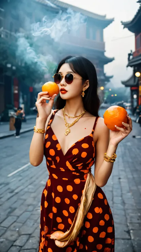 Front view of Asian woman with a golden snake on her shoulder, smoke, (holding two oranges in her hands: 1.3), looking at the camera. She has long hair and deep cleavage. She wore a low-cut red polka dot dress, gold earrings, gold bracelets, gold rings, a ...
