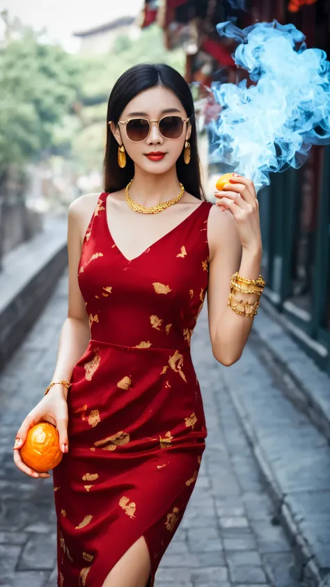 Front view of Asian woman with a golden snake on her shoulder, smoke, (holding two oranges in her hands: 1.3), looking at the camera. She has long hair and deep cleavage. She wore a low-cut red polka dot dress, gold earrings, gold bracelets, gold rings, a ...