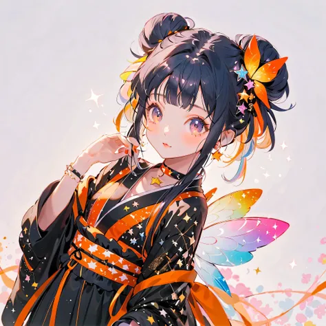  Best Details 、  in the seat，，Blink， （Milky white and dark blue hair color:1.6）、  cutest girl in the world   ，（orange neon color star choker、Ruffles on the collar、 Wear a colorful and cute goth kimono costume  ,Shoulders are exposed、The cuffs are long and ...