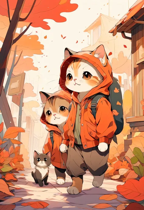 (Highest quality:0.8), (Highest quality:0.8), Perfect illustration,Autumn season、I have two kittens, Cute cat, cute kitten, cute, Unbelievably cute, Lovely and cute, And cute and adorable. They are walking down the street with backpacks on., Walk together,...