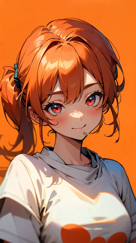  1 girl 、solo、 upper body closeup while eating sweets、smile、 ponytails in multiple、 orange hair、 red eyes、 white t-shirt、 laugh happily、orange background