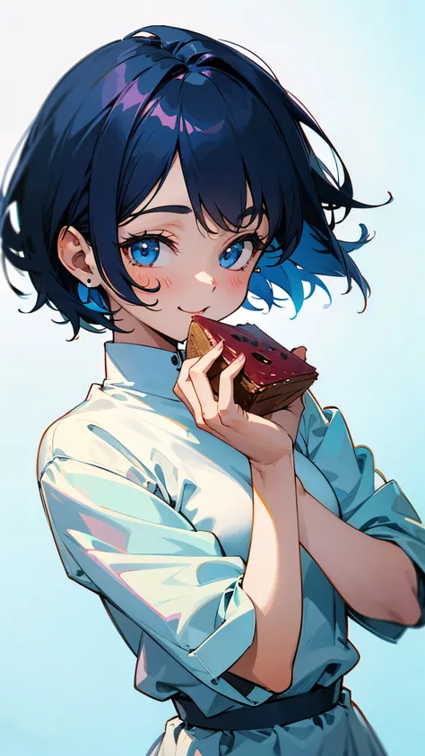  1 girl 、solo、 upper body closeup while eating sweets、smile、 short hair、 dark blue hair 、 blue eyes、Laughter、 white dress、 Line Art、light blue color background