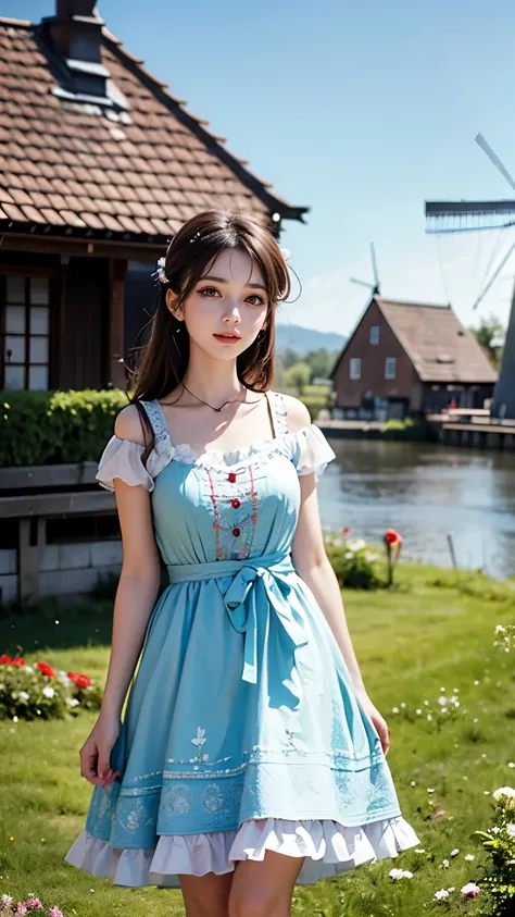 A graceful young woman ,  wearing a soft pastel German style dirndl,  Standing beside a traditional wooden windmill in Zaanse Schans .  The dress is delicately embroidered with flowers and vines ,  blends perfectly with the surrounding greenery .  The gent...