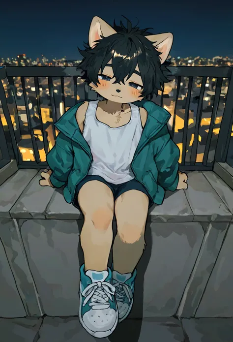 source_ furry， furry male，elementary school students，((boy )),dog boy,short hair,masterpiece, newest,absurdres, incredibly absurdres,short hair,  messy hair, blush, light smile, head tilt， sneakers, upper body, tank top, sitting on the ledge, rooftop,jacke...