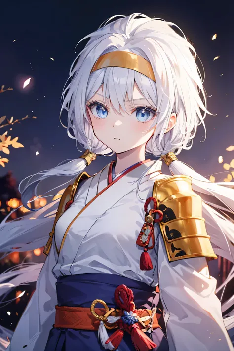 asian mythology, young female, long flowing white hair, blue eyes tinged with a shade of lavender, golden ornaments, gold headband, princess, japanese, samurai, white samurai armor, two swords, cool, cold stare, breath-taking, badass