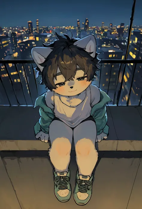 source_ furry， furry male，elementary school students，((boy )),dog boy,short hair,masterpiece, newest,absurdres, incredibly absurdres,short hair,  messy hair, blush, light smile, head tilt， sneakers, upper body, tank top, sitting on the ledge, rooftop,jacke...