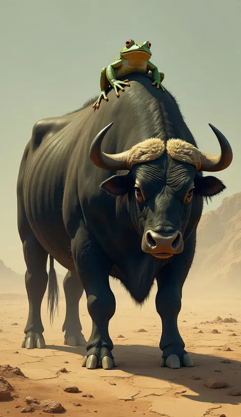 A bull with a frog in black dry cracked desert 
