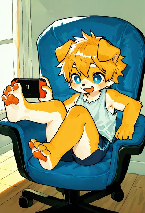 source_ furry， furry male，elementary school students，((boy ，Toddler))，Dog boy  ， masterpiece, best quality, perfect anatomy, bright eyes, detailed eyes, furry, male,cute, smaller male,short hair，1boy  , Alone, Vivid, tank top,  barefoot, soles，indoor, Paw ...