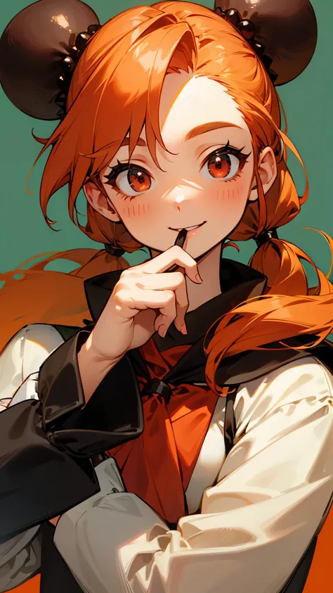 One smiling woman 、solo、 upper body closeup while eating sweets、 ponytails in multiple、 orange hair、Round red eyes、 bright kitchen background based on white、Make chocolate muffins 