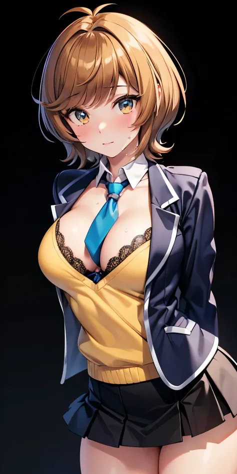 1 Female,High definition,high resolution,Ultra-realistic,8K,hmza, short hair, antenna hair, brown eyes, school uniform,( blue necktie), (yellow shirt),(black jacket), long sleeves, black skirt,tight skirt , ((miniskirt)),(black panties),standing, solo,  st...