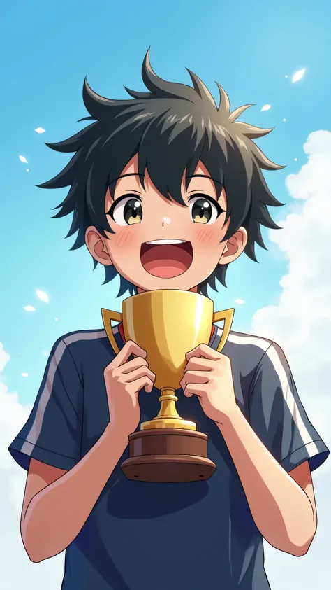  A black-haired boy,  with eyes shining with emotion ,  smiles widely while holding a trophy or medal in his hands ,  the face radiant with happiness . He just achieved something he had dreamed of a long time ago and he can't contain his joy. Around you,  ...