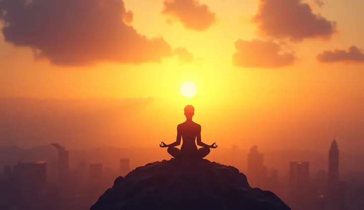  A bright dawn sky with warm colors of orange ,  yellow and purple create a peaceful and hopeful space .  In the center ,  the image of a person meditating on the top of a hill ,  symbolizes inner control and spiritual maturity ,  Gentle light radiating fr...