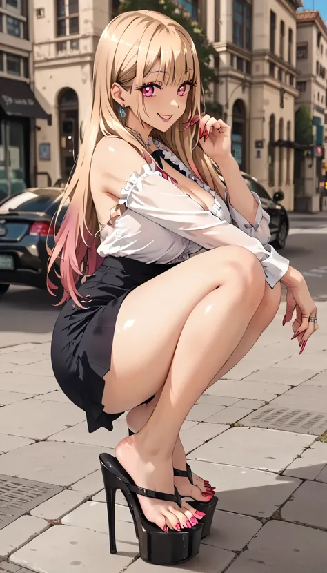 ((masterpiece, high resolution, better quality, better details)), ((Marin Kitagawa)), ((Smiling)), a woman in squat, urban park landscape, black mini skirt, white blouse with long sleeves, ((big neckline)), ((platform high heels pumps)), pink eyes with bla...