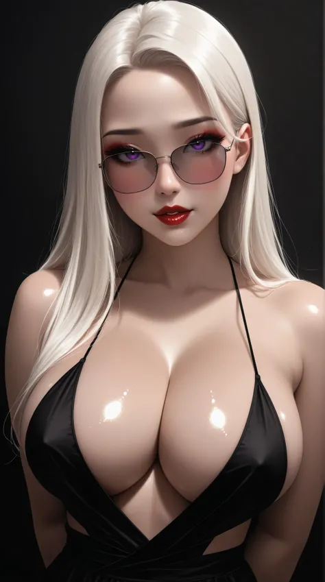 chinapunk high quality, Super detailed, Super exquisite, 8k, 1girl, sunglasses, solo, hat, lipstick, red lips, long white hair, bangs, purple eyes, dress, plunging neckline, makeup, big breasts, cleavage, looking at viewer, arms behind back, ulzzang, portr...