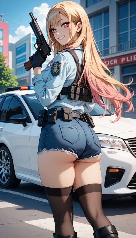ultra-detailed,16K,(best quality),((masterpiece)),(highres),original,extremely, 1girl, solo, KJOmarin, blonde hair, long hair, pink eyes, earrings, ear piercing, multicolored hair, wearing police uniform, wearing bootyshorts, black gloves, tactical belt, b...