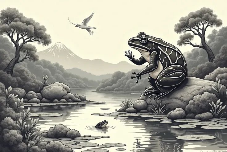  close up of Frog and Frog with flowers, Vector art inspired by Tensho Shibumon,  deviant art, creation, shape of Frog, Frog, pond with Frog and lilypads, Frog-themed, jumping flying and eating Frog, Black and white vector  art, Black and white vector , ku...