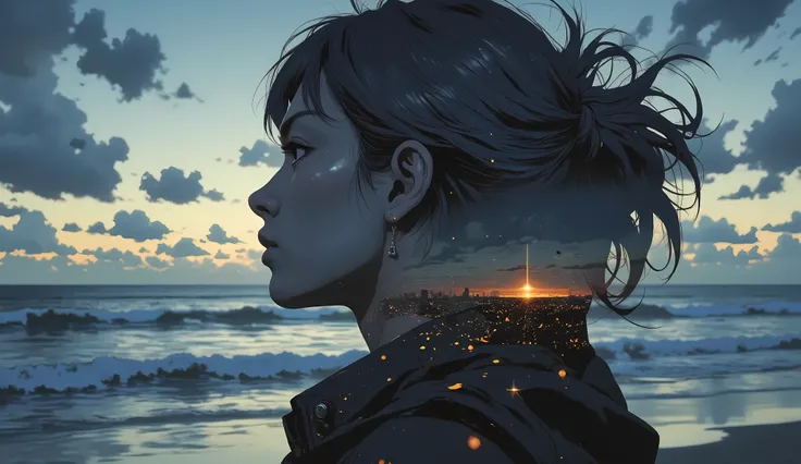 high quality, 8K ultra HD, Una hermosa double exposure que combina una silueta de mujer con chaqueta con la costa al atardecer, the coast at dusk should serve as a backdrop, with its details incorporated into the woman , sharp lines, The background is ...