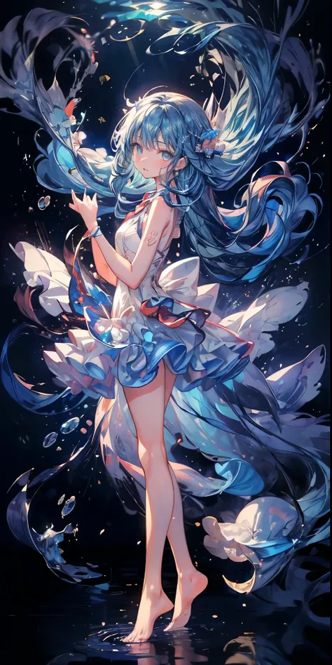 (( Lantern　 Long Twin Tails 　 in the seat:1.4))，((  blue eyes))、 Full Body Solo Shot 、((seabed:1.4))、Floating on water、Lots of small fish、(( white dress 、  barefoot))、floating、A lot of bubbles、bubble、Jellyfish、Jellyfish、 coral reef 、Starfish、Mr.々Fish 、、Sar...