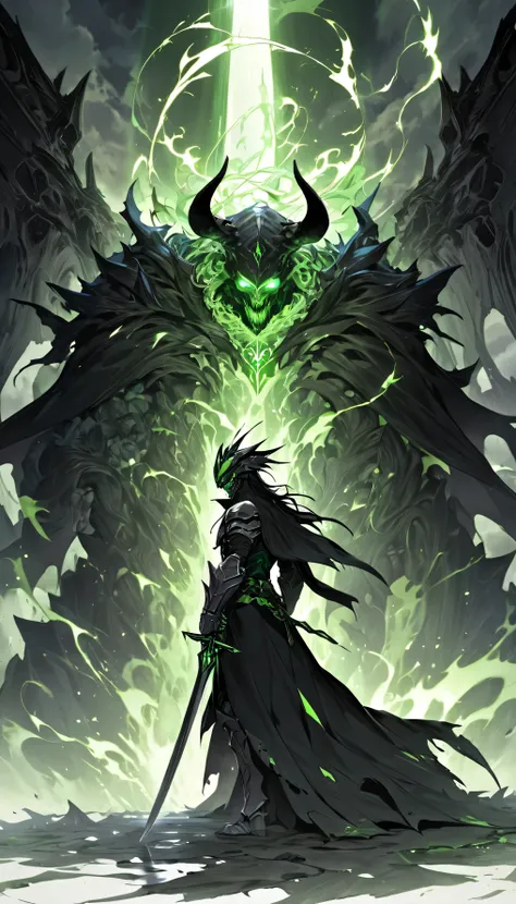 "The Guardian of the Tenebrous Realms is a lean, ominous figure cloaked in dread. His armor, forged from shadow, is matte black with glowing green veins pulsing faintly like a living entity. The jagged edges and angular design give him a menacing, predator...