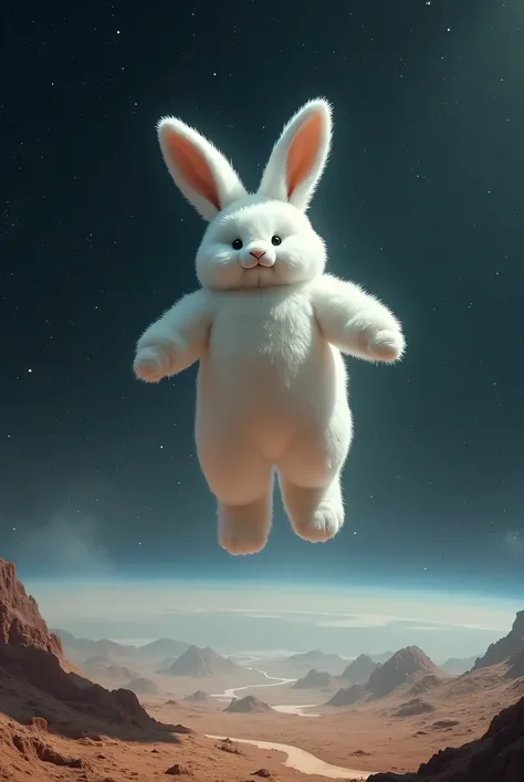 pitures of a huge rabbit white with two large ears,wearning a white space suit  and jumping into space on the surface of the planets