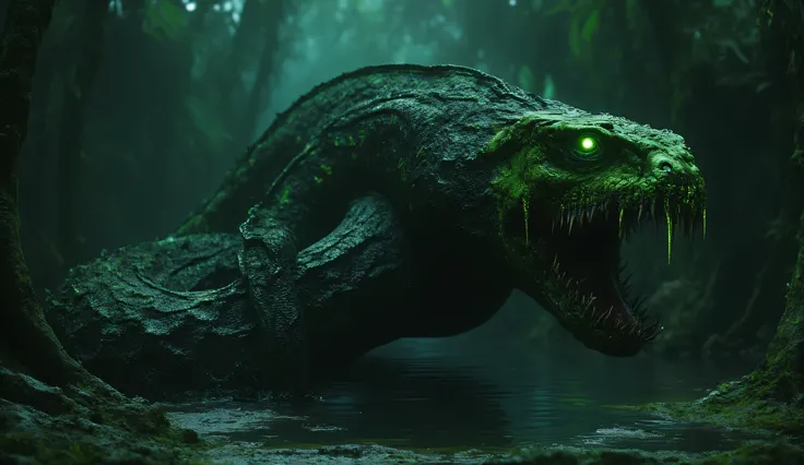 A prehistoric colossal Anaconda snake. It is black in color, with rare green flecks. Bright green acid drips from her fangs. It stands proudly above a dark pond, amidst a prehistoric, gloomy jungle. Her colossal body is coiled into a ring, and her mouth is...