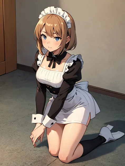 Anime maid in short dress and black knee sock kneeling down on the floor in front of the standing anime man 