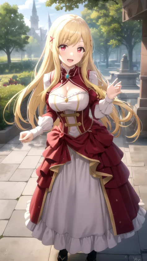 Masterpieces, Best Quality, girl, looking at viewer, yamada_yellow, blonde hair, solo, long hair, hair ornament, x hair ornament, red eyes, large breasts, princess connect Re:Dive cosplay, princess Dress, standing, smile, open mouth, outdoors 