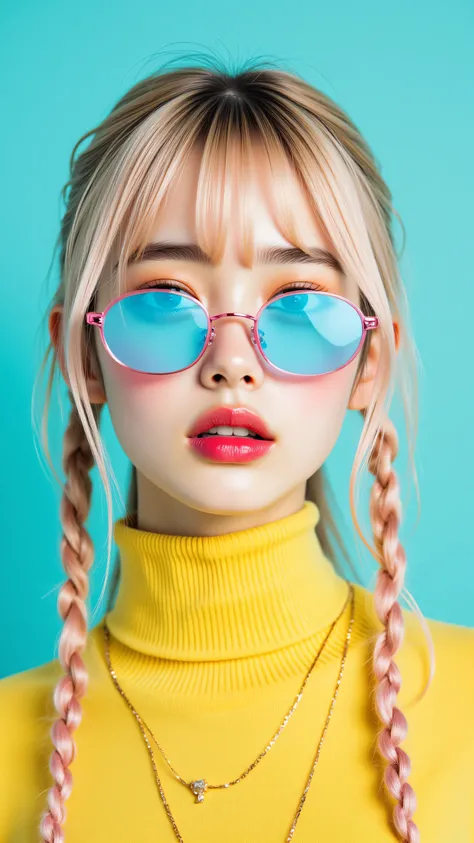 8k, masterpiece, highest quality, Korea's Beautiful Women, Close-up, frontal, blonde, pink braids, blunt fringe, ponytail, large, round, light blue sunglasses, pink frames, bright pink lipstick, noticeable eye makeup, yellow turtleneck, gold telephone neck...