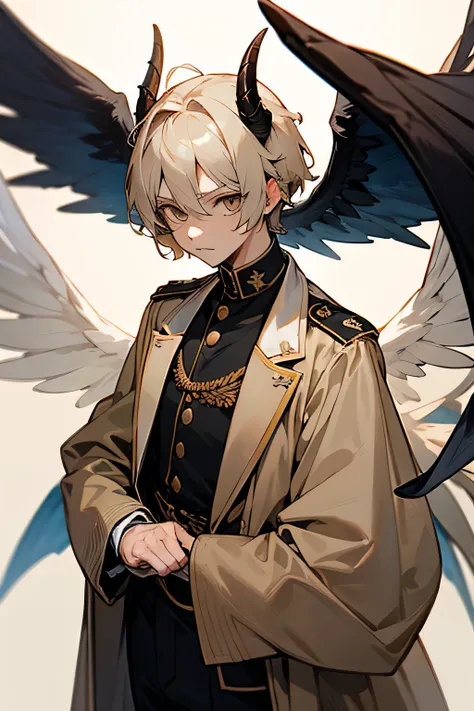 Blue military uniform　 Beige Center Divider　White Eyes　Devil's Wings and Horns 　 boy