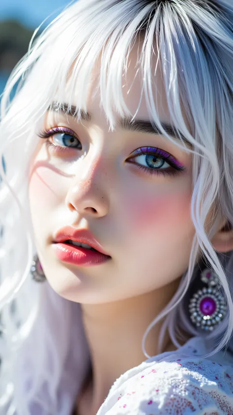 8k, masterpiece, highest quality, Korea's Beautiful Women, Close-up, low-angle, white hair, fringe, iridescent, purple, blue, eyeshadow, glitter, sparkling, pink-purple lips, glitter, ornate jewelry, chandelier earrings, necklace, pearlescent, purple, blue...