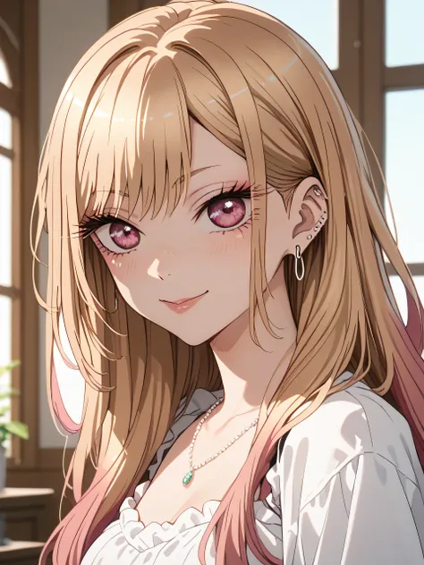 KJOmarin, blonde hair, long hair, pink eyes, earrings, ear piercing, multicolored hair,