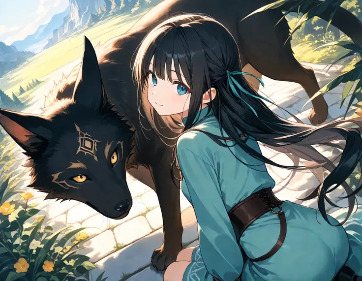 (masterpiece), (best quality), (ultra-detailed),
1girl, black hair,  fantasy, route of a journey, animal,