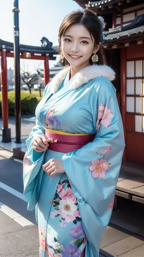  top quality, Masterpiece, Ultra High Resolution, High Definition RAW Color Photos , pro pics, natural skin texture, fine skin, hyperrealism, Ultra-Fine,16k, 2 women,Earrings, smiles, gigantic ,Japan, coming-of-age ceremony photos ,(((Japanの着物,floral long ...