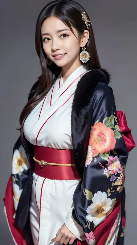  top quality, Masterpiece, Ultra High Resolution, High Definition RAW Color Photos , pro pics, natural skin texture, fine skin, hyperrealism, Ultra-Fine,16k, 2 women,Earrings, smiles, gigantic ,Japan, coming-of-age ceremony photos ,(((Japanの着物,floral long ...