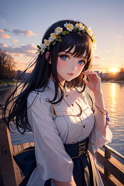 20-year-old woman in Ukrainian costume、Blue eyes with a flower crown on his head、River and blue sky in the background、Afternoon light and sunset realistic illustration