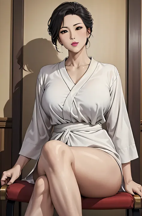 (  top quality,16k,  Masterpiece),
 A very beautiful Japanese mature woman is wearing a gown,lipstick,
 big breasts,
  white shirt,  white shirt,
  sit with legs crossed,  cross your legs, cross your legs,,