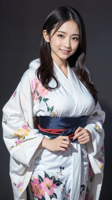  top quality, Masterpiece, Ultra High Resolution, High Definition RAW Color Photos , pro pics, natural skin texture, fine skin, hyperrealism, Ultra-Fine,16k, smiles,gigantic breasts,Japan, coming-of-age ceremony photos ,(((Japanの着物,floral long sleeve kimon...