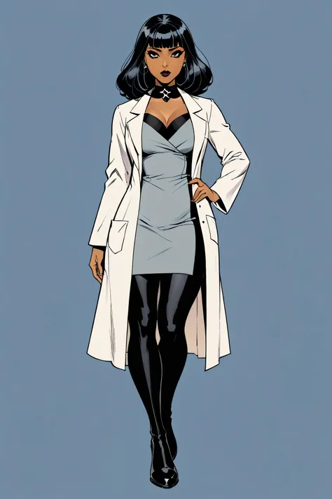 marvel comic character who is a tan skinned woman who is slightly curvy with black hair with bangs. Her eyes are grey and she's a psychologist. slightly gothic aesthetic. full body, dressed like a doctor.